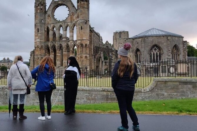The Witches Tour - Elgin Cathedral stop: standing outside the gates and starting the Witches Trial